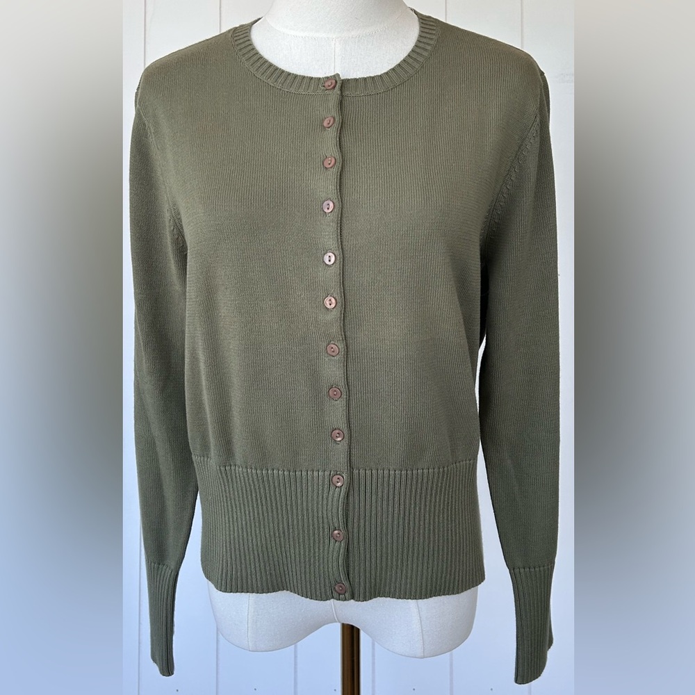 Talbots Petites Women’s Knitted Cardigan Olive Full Button Size Large‎
